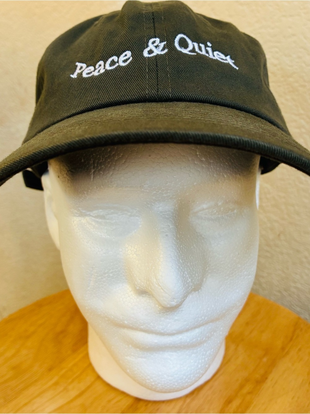 Peace & Quiet Olive Baseball Cap — Embroidered Script